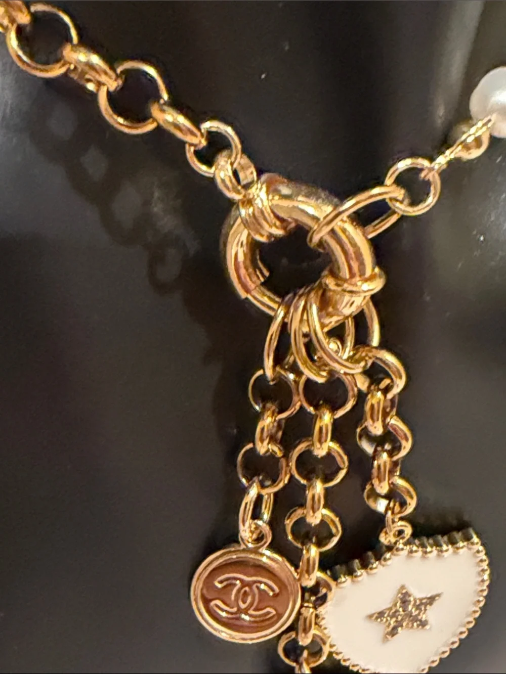 CHANEL Pink Camellia Pearl & Gold Charm Necklace